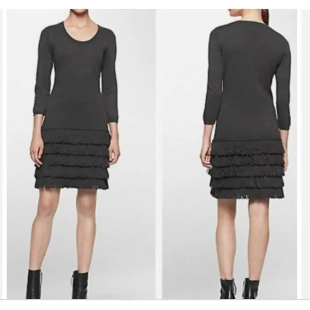 Calvin Klein Gray Charcoal Knit Sweater 3/4 Sleeve Tiered Fringed Hem Dress‎ L